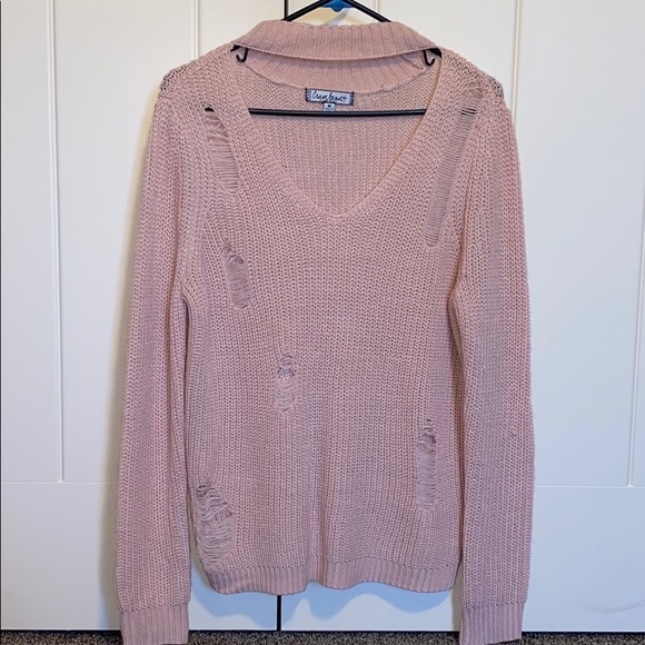 Light Pink Distressed V-Neck Sweater - Picture 1 of 4